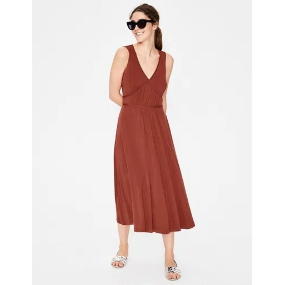 Boden Elina Jersey Ruched Midi Dress Rust Terracotta Empire Waist | Size US 6 - Picture 2 of 16